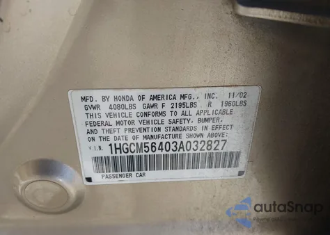2003 Honda Accord 2.4 Lx z USA, uszkodzony, nr VIN 1HGCM56403A032827